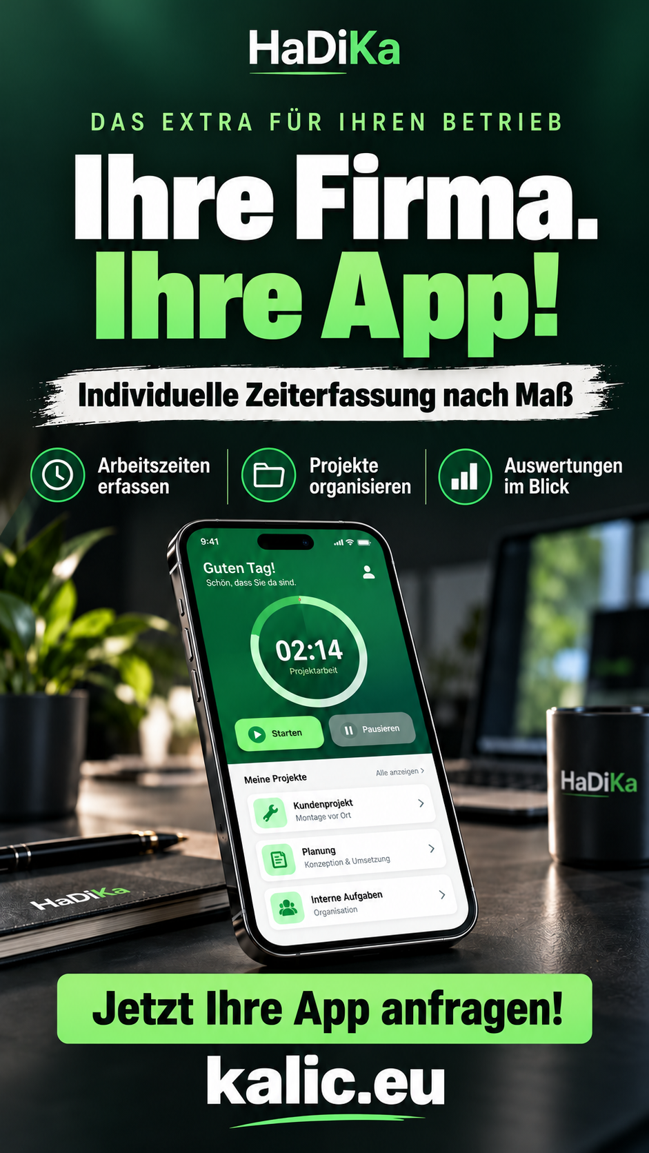 Ihre Firma. Ihre App! Individuelle Zeiterfassung nach Maß: Arbeitszeiten erfassen, Projekte organisieren und Auswertungen im Blick. Jetzt Ihre App anfragen.